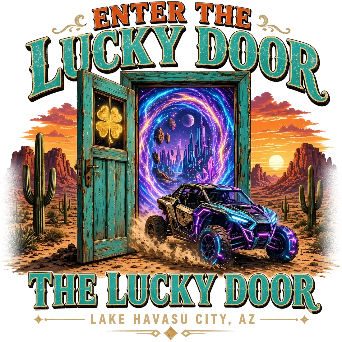 Enter The Lucky Door: a side-by-side bursting through a glowing desert door