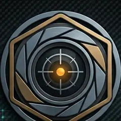 JASQN emblem: steel and gold hexagon aperture with an orange core