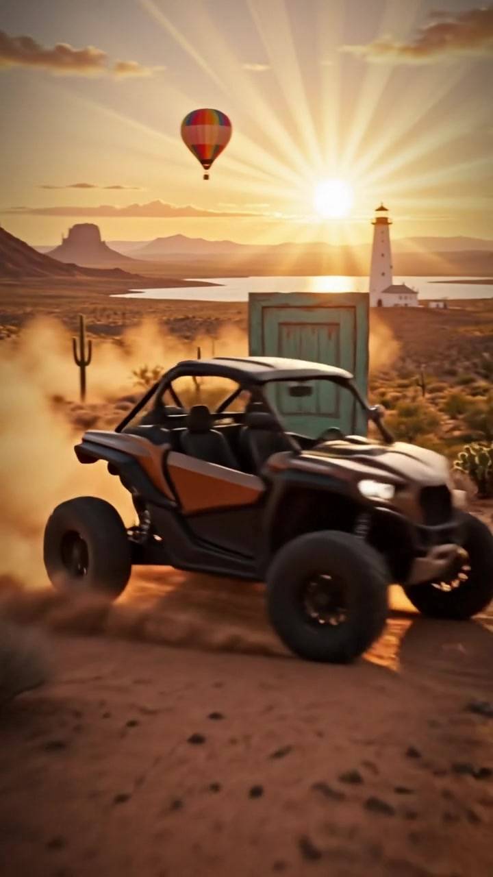 Lucky the Havmart UTV races past the teal Lucky Door at sunset, with a hot air balloon, lighthouse and Lake Havasu behind
