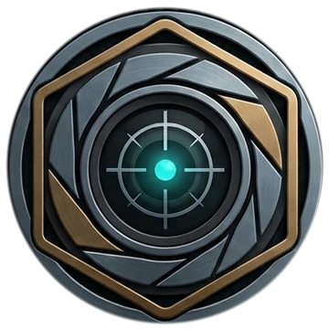 PTZme emblem: steel and gold hexagon aperture with a cyan core
